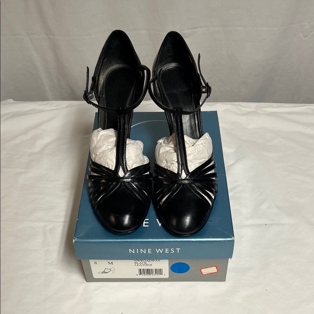 Nine West Roadway T strap Black Leather Women's Shoes
